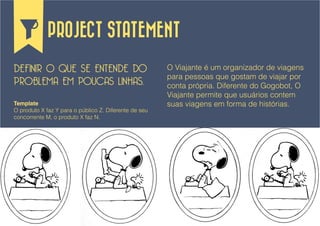 PROJECT STATEMENT

DEFINIR O QUE SE ENTENDE DO                            O Viajante é um organizador de viagens
                                                       para pessoas que gostam de viajar por
PROBLEMA EM POUCAS LINHAS.                             conta própria. Diferente do Gogobot, O
                                                       Viajante permite que usuários contem
Template                                               suas viagens em forma de histórias.
O produto X faz Y para o público Z. Diferente de seu
concorrente M, o produto X faz N.
 