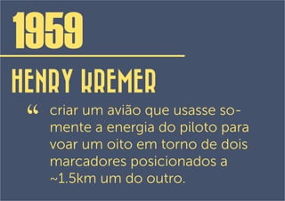 1959
HENRY KREMER
 “   criar um avião que usasse so-
     mente a energia do piloto para
     voar um oito em torno de dois
     marcadores posicionados a
     ~1.5km um do outro.
 