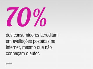 70%
dos consumidores acreditam
em avaliações postadas na
internet, mesmo que não
conheçam o autor.
(Nielsen)
 