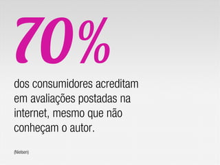 70%
dos consumidores acreditam
em avaliações postadas na
internet, mesmo que não
conheçam o autor.
(Nielsen)
 