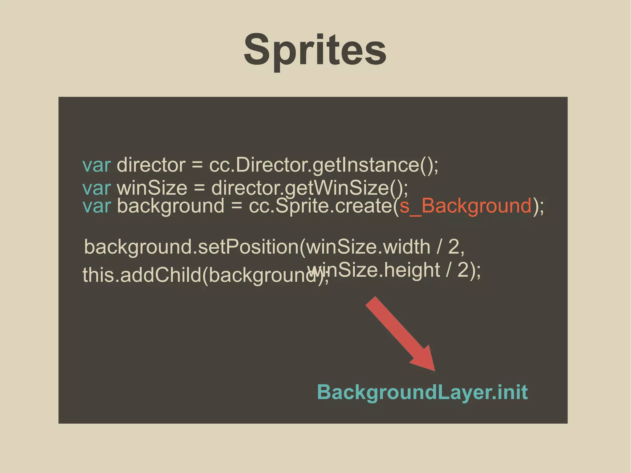 Sprites
var background = cc.Sprite.create(s_Background);
this.addChild(background);
BackgroundLayer.init
var director = cc.Director.getInstance();
var winSize = director.getWinSize();
background.setPosition(winSize.width / 2,
winSize.height / 2);
 