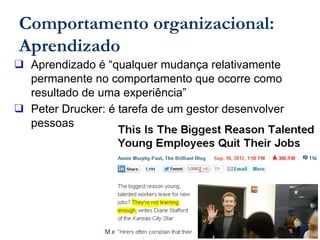 M.e. Fladhimyr Castello, PMP, CSM
Comportamento organizacional:
Aprendizado
❑ Aprendizado é “qualquer mudança relativamente
permanente no comportamento que ocorre como
resultado de uma experiência”
❑ Peter Drucker: é tarefa de um gestor desenvolver
pessoas
 