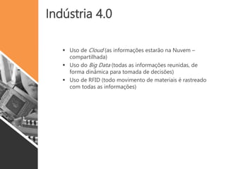 Indústria 4.0
“A previsão do tempo é de chuva para daqui a dois
dias, o governo precisa ampliar os estoques de
etanol em 10% até o final da safra, o valor do açúcar
tem previsão de suba de 3% até o final da safra.
O fornecedor de insumos não tem estoque
suficiente para a produção no pico, duas válvulas e
dois inversores de frequência críticos para
disponibilidade de planta estão previstos para
manutenção daqui a uma semana.”
 
