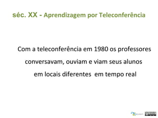 Com a teleconferência em 1980 os professores
conversavam, ouviam e viam seus alunos
em locais diferentes em tempo real
séc...