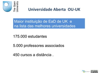 175.000 estudantes
5.000 professores associados
450 cursos a distância .
Universidade Aberta OU-UK
Maior instituição de Ea...