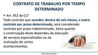 CONTRATO DE TRABALHO POR TEMPO
DETERMINADO
Prof. Eliseu Fortolan
 Art. 452 da CLT
Todo contrato que suceder, dentro de seis meses, a outro
contrato por prazo determinado, será considerado
contrato por prazo indeterminado. Salvo quanto
a continuação deste dependeu da execução
de serviços especializados ou da
realização de certos
acontecimentos.
 
