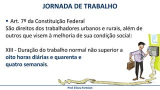 JORNADA DE TRABALHO
Prof. Eliseu Fortolan
 Art. 7º da Constituição Federal
São direitos dos trabalhadores urbanos e rurais, além de
outros que visem à melhoria de sua condição social:
XIII - Duração do trabalho normal não superior a
oito horas diárias e quarenta e
quatro semanais.
 