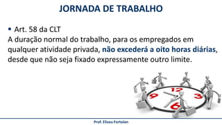 JORNADA DE TRABALHO
Prof. Eliseu Fortolan
 Art. 58 da CLT
A duração normal do trabalho, para os empregados em
qualquer atividade privada, não excederá a oito horas diárias,
desde que não seja fixado expressamente outro limite.
 
