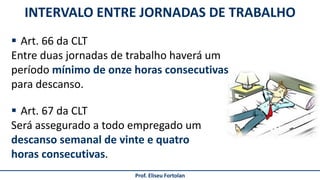 INTERVALO ENTRE JORNADAS DE TRABALHO
Prof. Eliseu Fortolan
 Art. 66 da CLT
Entre duas jornadas de trabalho haverá um
período mínimo de onze horas consecutivas
para descanso.
 Art. 67 da CLT
Será assegurado a todo empregado um
descanso semanal de vinte e quatro
horas consecutivas.
 