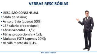 Prof. Eliseu Fortolan
VERBAS RESCISÓRIAS
 RESCISÃO CONSENSUAL
• Saldo de salário;
• Aviso prévio (apenas 50%)
• 13º salário proporcional;
• Férias vencidas + 1/3;
• Férias proporcionais + 1/3;
• Multa do FGTS (apenas 20%);
• Recolhimento do FGTS.
 