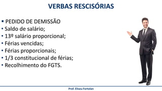 Prof. Eliseu Fortolan
VERBAS RESCISÓRIAS
 PEDIDO DE DEMISSÃO
• Saldo de salário;
• 13º salário proporcional;
• Férias vencidas;
• Férias proporcionais;
• 1/3 constitucional de férias;
• Recolhimento do FGTS.
 