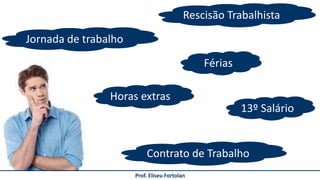 Prof. Eliseu Fortolan
13º Salário
Férias
Rescisão Trabalhista
Horas extras
Jornada de trabalho
Contrato de Trabalho
 