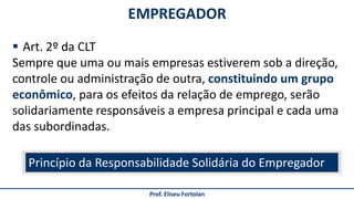  Art. 2º da CLT
Sempre que uma ou mais empresas estiverem sob a direção,
controle ou administração de outra, constituindo um grupo
econômico, para os efeitos da relação de emprego, serão
solidariamente responsáveis a empresa principal e cada uma
das subordinadas.
EMPREGADOR
Prof. Eliseu Fortolan
Princípio da Responsabilidade Solidária do Empregador
 