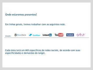 Onde estaremos presentes?


Em linhas gerais, iremos trabalhar com as seguintes rede.



Atuação:




Cada área terá um MIX específicos de redes sociais, de acordo com suas
especificidades e demandas do target.
 