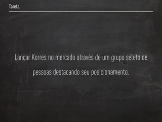 Tarefa




   Lançar Korres no mercado através de um grupo seleto de
          pessoas destacando seu posicionamento.
 