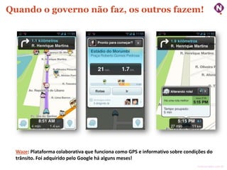 Quando o governo não faz, os outros fazem!

Waze: Plataforma colaborativa que funciona como GPS e informativo sobre condições do
trânsito. Foi adquirido pelo Google há alguns meses!
ninocarvalho.com.br

 