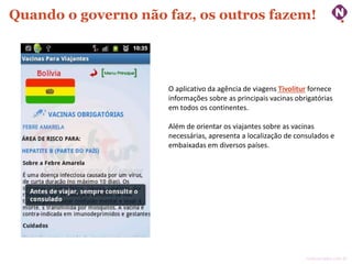 Quando o governo não faz, os outros fazem!

O aplicativo da agência de viagens Tivolitur fornece
informações sobre as principais vacinas obrigatórias
em todos os continentes.
Além de orientar os viajantes sobre as vacinas
necessárias, apresenta a localização de consulados e
embaixadas em diversos países.

ninocarvalho.com.br

 