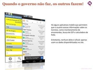Quando o governo não faz, os outros fazem!

Há alguns aplicativos mobile que permitem
que o usuário acesse informações sobre os
Correios, como monitoramento de
encomendas, busca de CEP e calculadora de
frete.
Entretanto, nenhum deles é oficial: apenas
usam os dados disponibilizados no site.

ninocarvalho.com.br

 
