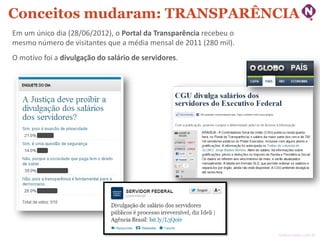 Conceitos mudaram: TRANSPARÊNCIA
Em um único dia (28/06/2012), o Portal da Transparência recebeu o
mesmo número de visitan...