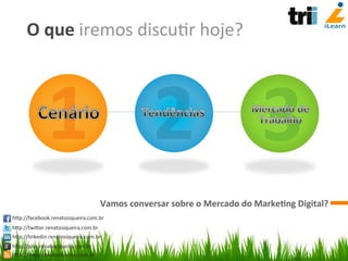 O	
  que	
  iremos	
  discu/r	
  hoje?	
  
Vamos	
  conversar	
  sobre	
  o	
  Mercado	
  do	
  Marke3ng	
  Digital?	
   	
  	
  	
  	
  	
  	
  	
  	
  	
  	
  	
  	
  
	
  	
  	
  	
  	
  	
  	
  	
  	
  	
  	
  	
  	
  	
  
1 	
  	
  	
  	
  	
  	
  	
  	
  	
  	
  	
  	
  	
  	
  
2 	
  	
  	
  	
  	
  	
  	
  	
  	
  	
  	
  	
  	
  	
  
3
hCp://facebook.renatosiqueira.com.br	
  
hCp://twiCer.renatosiqueira.com.br	
  
hCp://linkedin.renatosiqueira.com.br	
  
hCp://plus.renatosiqueira.com.br	
  
hCp://www.renatosiqueira.com.br	
  
 