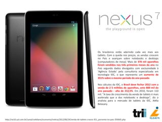 Os	
   brasileiros	
   estão	
   aderindo	
   cada	
   vez	
   mais	
   aos	
  
tablets.	
  Com	
  a	
  queda	
  nos	
  preços,	
  as	
  vendas	
  crescem	
  
no	
   País	
   e	
   avançam	
   sobre	
   notebooks	
   e	
   desktops	
  
(computadores	
  de	
  mesa).	
  Mais	
  de	
  370	
  mil	
  aparelhos	
  
foram	
  vendidos	
  nos	
  três	
  primeiros	
  meses	
  do	
  ano	
  no	
  
País	
   segundo	
   dados	
   divulgados	
   com	
   exclusividade	
   à	
  
'Agência	
   Estado'	
   pela	
   consultoria	
   especializada	
   em	
  
tecnologia	
   IDC,	
   o	
   que	
   representa	
   um	
   aumento	
   de	
  
351%	
  sobre	
  o	
  mesmo	
  período	
  do	
  ano	
  passado.	
  
	
  
Nos	
  cálculos	
  da	
  IDC,	
  o	
  Brasil	
  deve	
  fechar	
  2012	
  com	
  a	
  
venda	
  de	
  2	
  5	
  milhões	
  de	
  aparelhos,	
  ante	
  800	
  mil	
  do	
  
ano	
   passado	
   -­‐	
   alta	
   de	
   212,5%.	
   Em	
   2010,	
   foram	
   110	
  
mil.	
  "A	
  taxa	
  de	
  crescimento	
  da	
  venda	
  de	
  tablets	
  é	
  mais	
  
acelerada	
   que	
   a	
   dos	
   notebooks	
   e	
   desktops",	
   diz	
   o	
  
analista	
   para	
   o	
   mercado	
   de	
   tablets	
   da	
   IDC,	
   Asla	
  
Belavary.	
  
hCp://ne10.uol.com.br/canal/co/diano/economia/no/cia/2012/06/24/venda-­‐de-­‐tablets-­‐cresce-­‐351_porcento-­‐no-­‐pais-­‐350645.php	
  
 