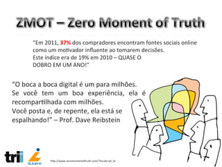“Em	
  2011,	
  37%	
  dos	
  compradores	
  encontram	
  fontes	
  sociais	
  online	
  	
  
como	
  um	
  mo/vador	
  inﬂuente	
  ao	
  tomarem	
  decisões.	
  
Este	
  índice	
  era	
  de	
  19%	
  em	
  2010	
  –	
  QUASE	
  O	
  	
  
DOBRO	
  EM	
  UM	
  ANO!”	
  
hCp://www.zeromomento€ruth.com/?locale=pt_br	
  
“O	
  boca	
  a	
  boca	
  digital	
  é	
  um	
  para	
  milhões.	
  
Se	
   você	
   tem	
   um	
   boa	
   experiência,	
   ela	
   é	
  	
  	
  
recompar/lhada	
  com	
  milhões.	
  	
  
Você	
  posta	
  e,	
  de	
  repente,	
  ela	
  está	
  se	
  	
  
espalhando!”	
  –	
  Prof.	
  Dave	
  Reibstein	
  
	
  
 