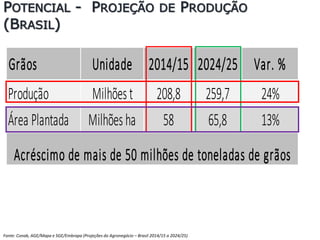 Fonte: Conab, AGE/Mapa e SGE/Embrapa (Projeções do Agronegócio – Brasil 2014/15 a 2024/25)
POTENCIAL - PROJEÇÃO DE PRODUÇÃO
(BRASIL)
Grãos Unidade 2014/15 2024/25 Var. %
Produção Milhõest 208,8 259,7 24%
Área Plantada Milhõesha 58 65,8 13%
Acréscimo de mais de 50 milhões de toneladas de grãos
 