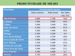 Municípios Produtividade (kg/ha)
Safra Anterior Safra Atual Var. Safra
Ant. (%)
Alta Floresta 4.800 5.700 18,8
Carlinda 3.000 4.800 60,0
Colíder 3.000 3.600 20,0
Guar. do Norte 4.200 6.000 42,9
Itaúba 3.600 5.400 50,0
Matupá 4.200 4.200 0,0
Nova Santa Helena 3.000 4.200 40,0
Nova Canaã do Norte 5.000 5.400 8,0
Novo Mundo 3.300 5.400 63,6
Peixoto de Azevedo 4.200 4.200 0,0
Terra Nova do Norte 3.600 4.800 33,3
Nova Guarita 4.500 4.800 6,7
TOTAL 3.749 4.520 20,6
PRODUTIVIDADE DE MILHO
 