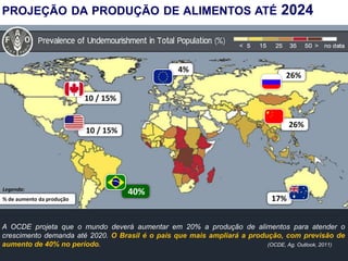 7
10 / 15%
10 / 15%
4%
26%
26%
40%
17%
% de aumento da produção
Legenda:
PROJEÇÃO DA PRODUÇÃO DE ALIMENTOS ATÉ 2024
A OCDE projeta que o mundo deverá aumentar em 20% a produção de alimentos para atender o
crescimento demanda até 2020. O Brasil é o país que mais ampliará a produção, com previsão de
aumento de 40% no período. (OCDE, Ag. Outlook, 2011)
 