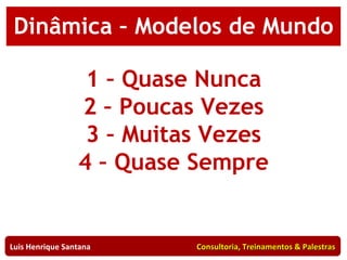 Dinâmica – Modelos de Mundo 1 – Quase Nunca 2 – Poucas Vezes 3 – Muitas Vezes 4 – Quase Sempre Luis Henrique Santana  Consultoria, Treinamentos & Palestras 