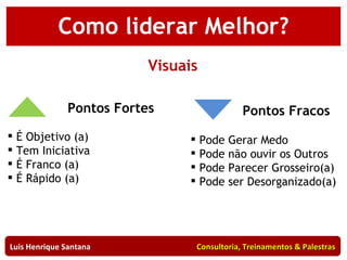 Como liderar Melhor? Visuais Pontos Fortes Pontos Fracos É Objetivo (a) Tem Iniciativa É Franco (a) É Rápido (a) Pode Gerar Medo  Pode não ouvir os Outros Pode Parecer Grosseiro(a) Pode ser Desorganizado(a) Luis Henrique Santana  Consultoria, Treinamentos & Palestras 