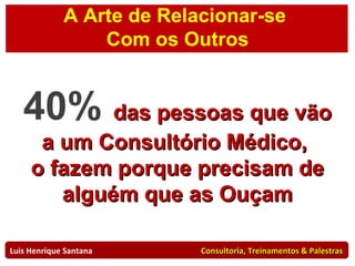40%  das pessoas que vão a um Consultório Médico,  o fazem porque precisam de alguém que as Ouçam Luis Henrique Santana  Consultoria, Treinamentos & Palestras A Arte de Relacionar-se  Com os Outros 