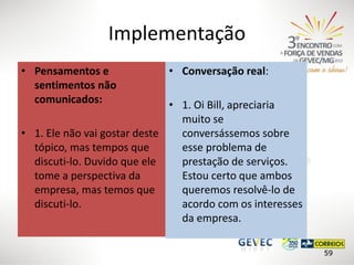 Implementação
• Pensamentos e
sentimentos não
comunicados:

• Conversação real:

• 1. Oi Bill, apreciaria
muito se
• 1. Ele não vai gostar deste
conversássemos sobre
tópico, mas tempos que
esse problema de
discuti-lo. Duvido que ele
prestação de serviços.
tome a perspectiva da
Estou certo que ambos
empresa, mas temos que
queremos resolvê-lo de
discuti-lo.
acordo com os interesses
da empresa.
59

 