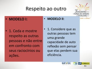 Respeito ao outro
• MODELO I:

• MODELO II:

• 1. Considere que as
• 1. Ceda e mostre
outras pessoas tem
respeito as outras
uma grande
pessoas e não entre capacidade de auto
em confronto com
reflexão sem pensar
que elas perdem sua
seus raciocínios ou
eficiência.
ações.
61

 