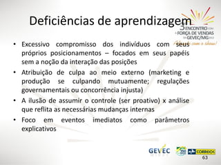 Deficiências de aprendizagem
• Excessivo compromisso dos indivíduos com seus
próprios posicionamentos – focados em seus papéis
sem a noção da interação das posições
• Atribuição de culpa ao meio externo (marketing e
produção se culpando mutuamente; regulações
governamentais ou concorrência injusta)
• A ilusão de assumir o controle (ser proativo) x análise
que reflita as necessárias mudanças internas
• Foco em eventos imediatos como parâmetros
explicativos

63

 
