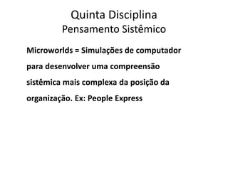 Quinta Disciplina
Pensamento Sistêmico
Microworlds = Simulações de computador

para desenvolver uma compreensão
sistêmica mais complexa da posição da

organização. Ex: People Express

 