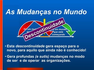 Esta  descontinuidade  gera espaço para o novo, para aquilo que ainda não é conhecido! Gera profundas  (e sutis)  mudanças no modo de ser  e de operar  as organizações. As Mudanças no Mundo Há um mundo que está  acabando ... ... e um mundo que está  começando Descontinuidade 