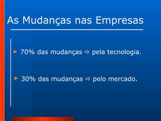 As Mudanças nas Empresas 70% das mudanças    pela tecnologia. 30% das mudanças    pelo mercado. 