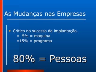 As Mudanças nas Empresas 80% = Pessoas Crítico no sucesso da implantação. 5% = máquina  15% = programa  