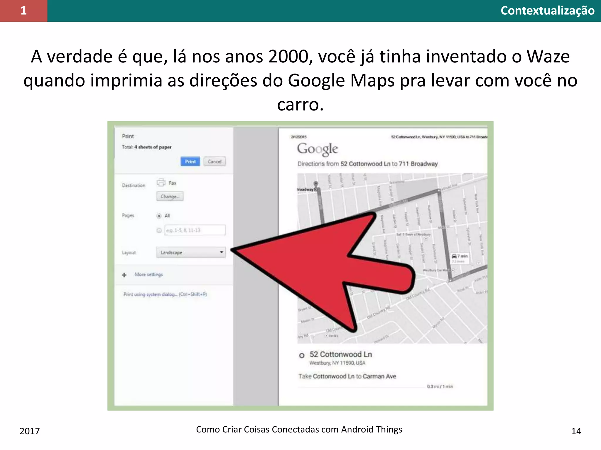 Contextualização1
2017 Como Criar Coisas Conectadas com Android Things 14
A verdade é que, lá nos anos 2000, você já tinha inventado o Waze
quando imprimia as direções do Google Maps pra levar com você no
carro.
 