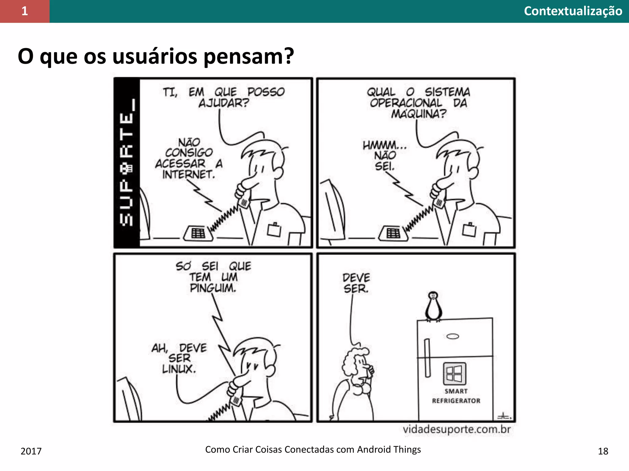 O que os usuários pensam?
Contextualização1
2017 Como Criar Coisas Conectadas com Android Things 18
 