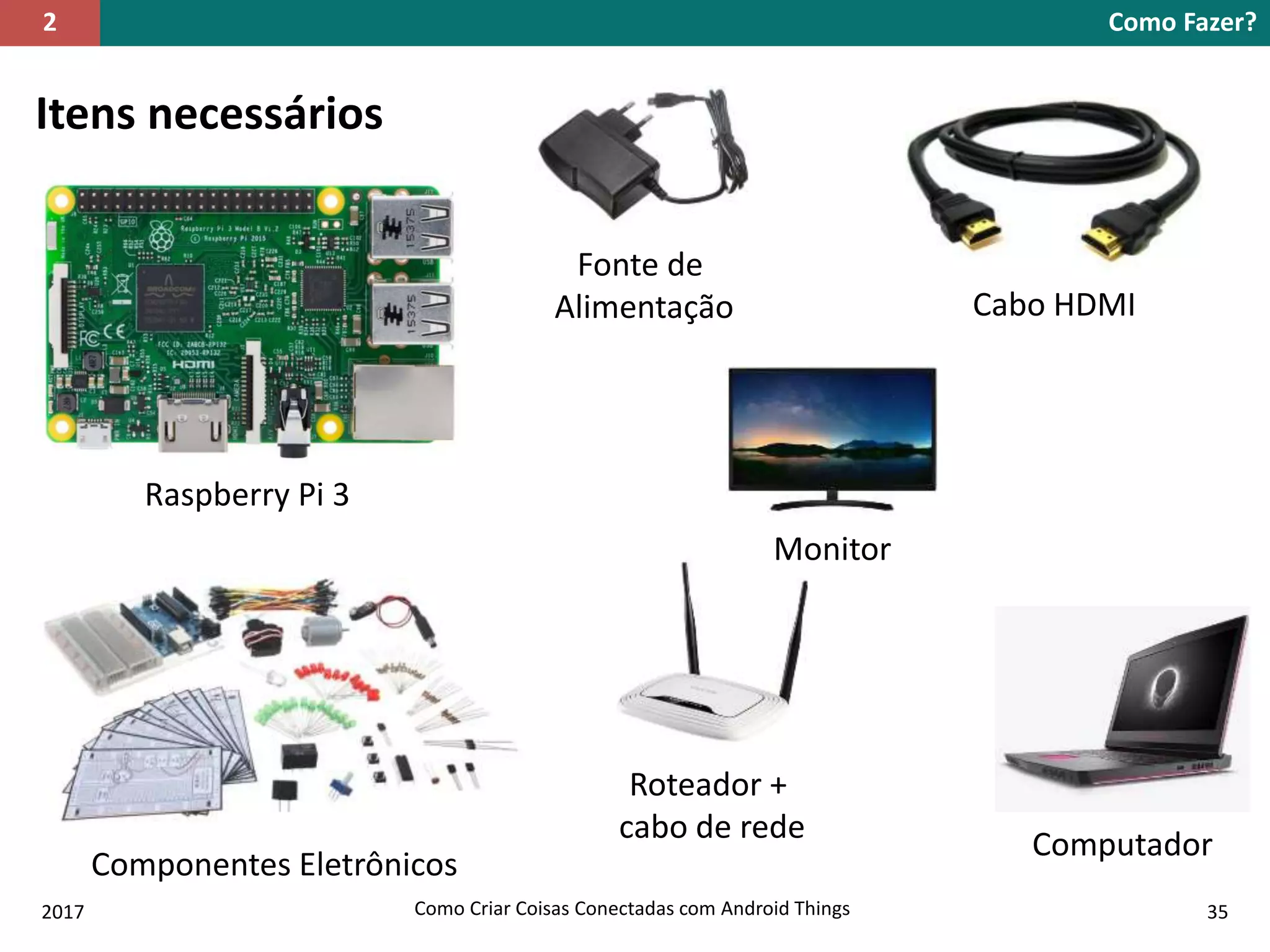 Itens necessários
Como Fazer?2
2017 Como Criar Coisas Conectadas com Android Things 35
Raspberry Pi 3
Cabo HDMI
Roteador +
cabo de rede
Componentes Eletrônicos
Fonte de
Alimentação
Monitor
Computador
 