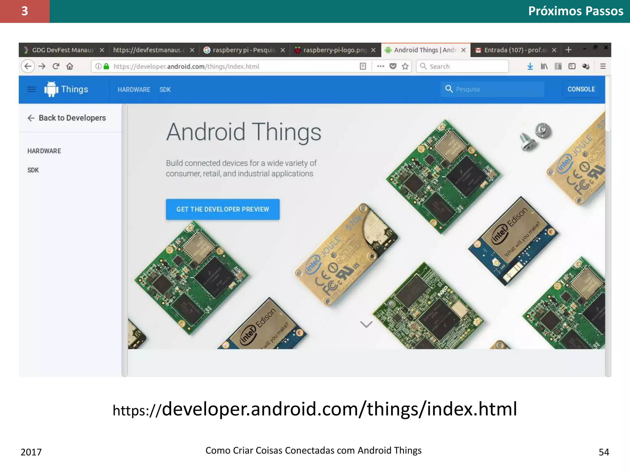 2017 Como Criar Coisas Conectadas com Android Things 54
Próximos Passos3
https://developer.android.com/things/index.html
 