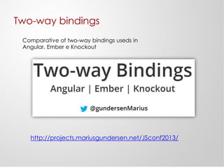 Two-way bindings
Comparative of two-way bindings useds in
Angular, Ember e Knockout
http://projects.mariusgundersen.net/JSconf2013/
 
