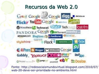 Recursos da Web 2.0 Fonte:   http://redesociaismundovirtual.blogspot.com/2010/07/ web-20-deve-ser-prioridade-no-ambiente.html  