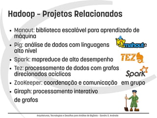 Hadoop – Projetos Relacionados 
● Manout: biblioteca escalável para aprendizado de 
máquina 
● Pig: análise de dados com linguagens de 
alto nível 
● Spark: mapreduce de alto desempenho 
● Tez: processamento de dados com grafos 
direcionados acíclicos 
● ZooKeeper: coordenação e comunicação em grupo 
● Giraph: processamento interativo 
de grafos 
Arquiteturas, Tecnologias e Desafios para Análise de BigData – Sandro S. Andrade 
 