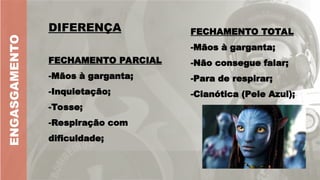 FECHAMENTO PARCIAL
-Mãos à garganta;
-Inquietação;
-Tosse;
-Respiração com
dificuldade;
ENGASGAMENTO
FECHAMENTO TOTAL
-Mãos à garganta;
-Não consegue falar;
-Para de respirar;
-Cianótica (Pele Azul);
DIFERENÇA
 
