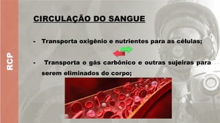 RCP
CIRCULAÇÃO DO SANGUE
CIRCULAÇÃO DO SANGUE
- Transporta oxigênio e nutrientes para as células;
- Transporta o gás carbônico e outras sujeiras para
serem eliminados do corpo;
 