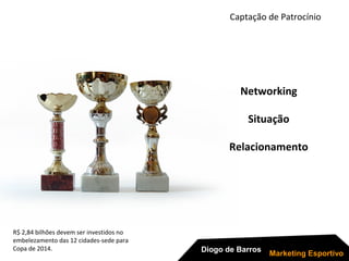 R$ 2,84 bilhões devem ser investidos no
embelezamento das 12 cidades-sede para
Copa de 2014.
Captação de Patrocínio
Diogo de Barros
Marketing Esportivo
Networking
Situação
Relacionamento
 
