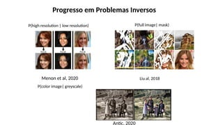Progresso em Problemas Inversos
Menon et al, 2020 Liu al, 2018
P(high resolution | low resolution) P(full image| mask)
P(color image| greyscale)
Antic, 2020
 